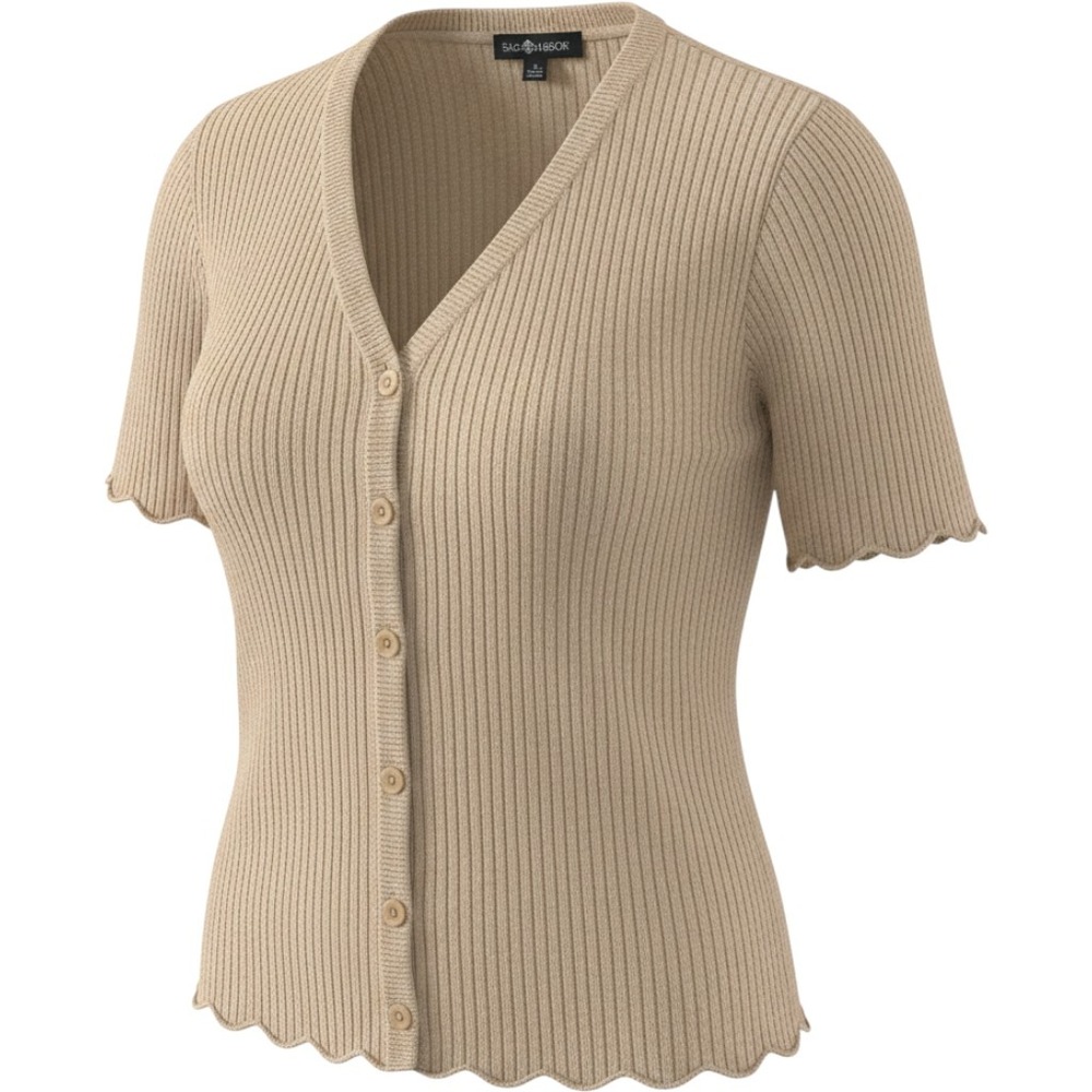 Sag Harbor Tan Silk Blend Ribbed Short Sleeve Button Front Cardigan‎ Sweater M